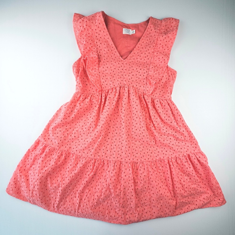 Time and Tru Womens Coral Pink Eyelet Lace Tiered Mini Dress Flutter Sleeve Med